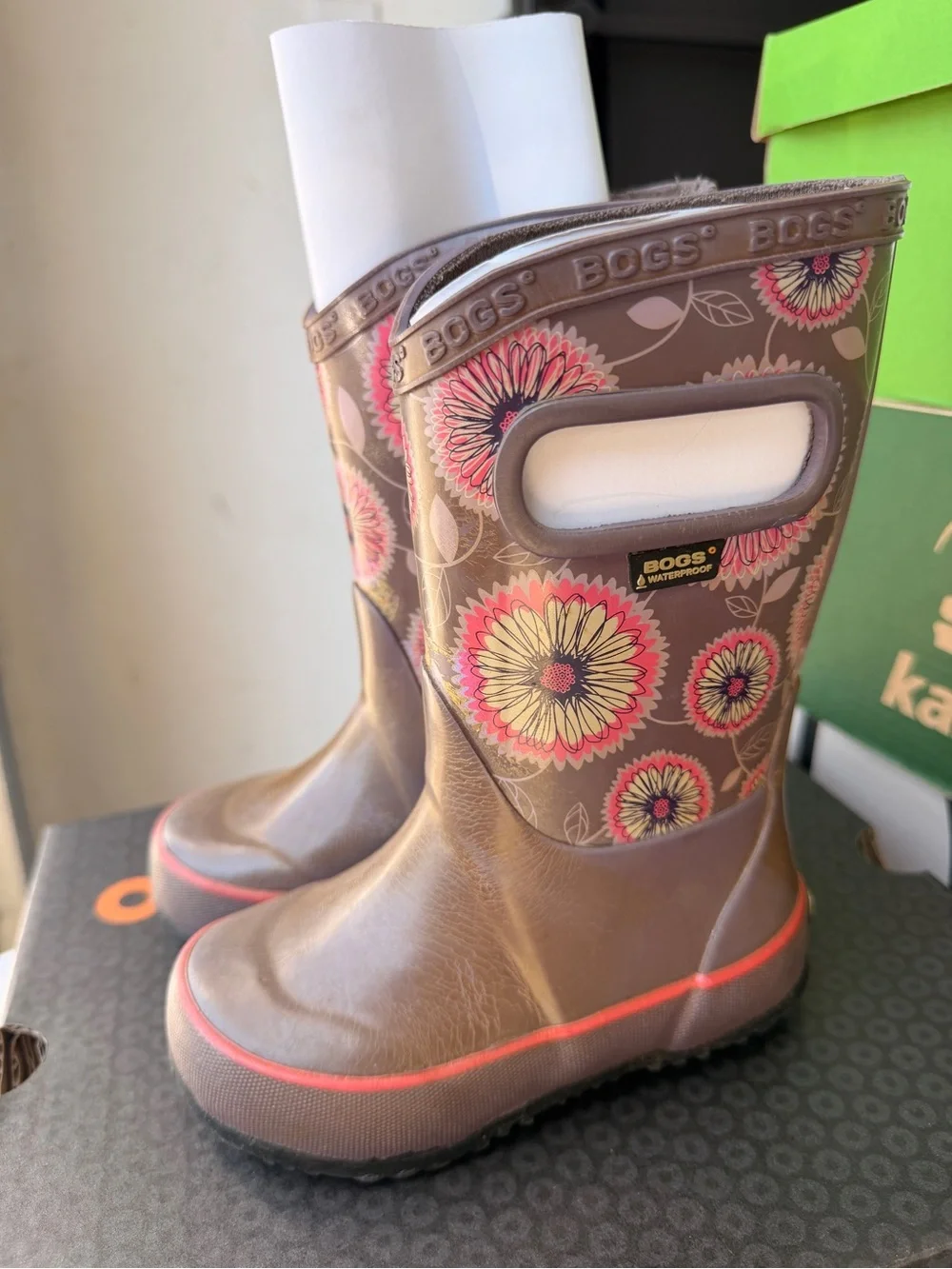 Bogs Brown Kids Rain Boots with Pink & Yellow Floral Print
